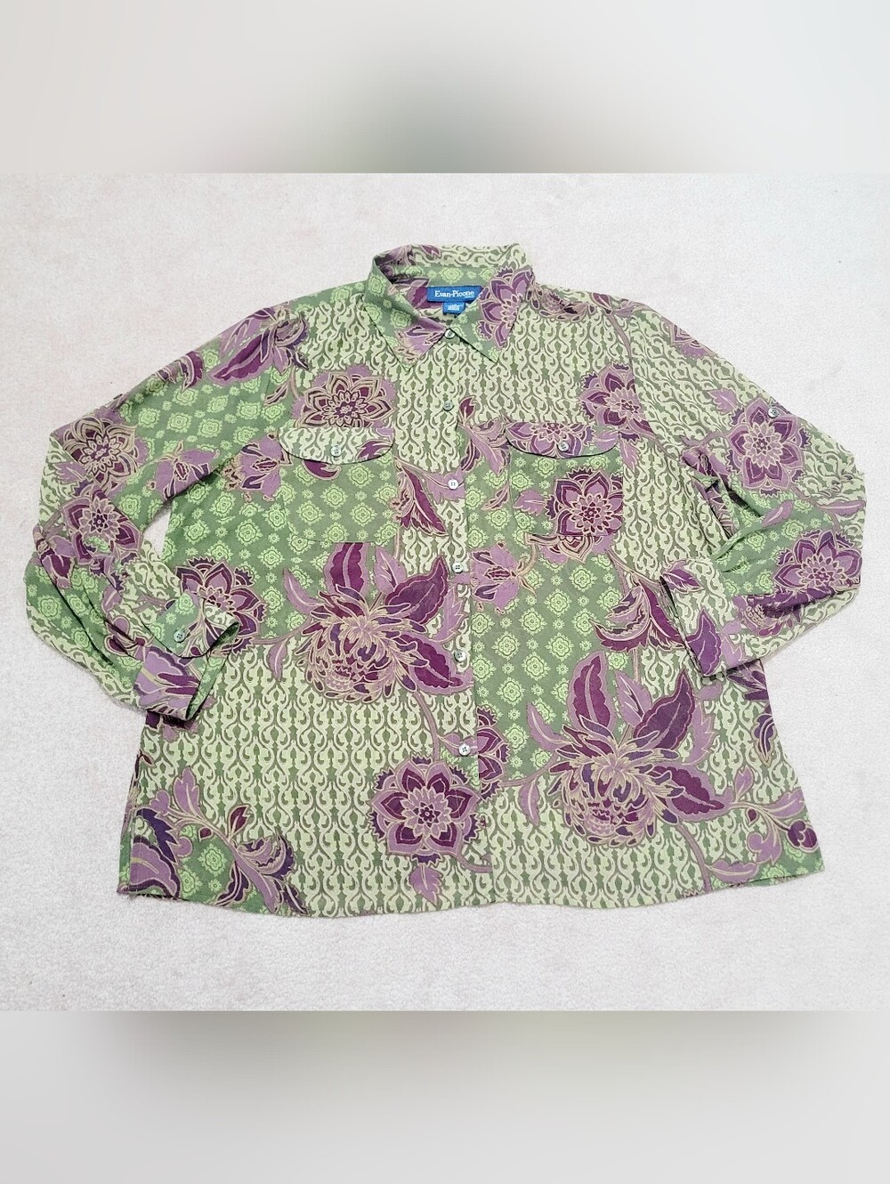 Evan-Picone Woman Size1X Floral Button Front Blouse Green Purple Boho Career Top - Picture 6 of 12